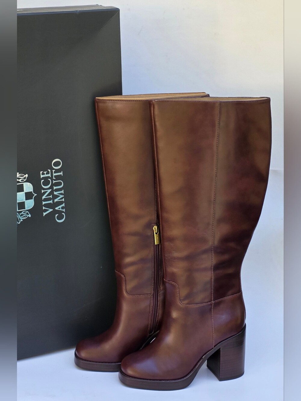 5.5W Vince Camuto Gibi Rich Mahogany Leather Extra Wide Calf Knee High Boots